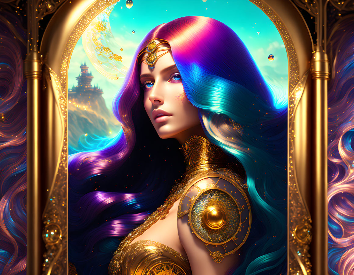 Fantasy illustration: Woman with multicolored hair, gold jewelry, castle background