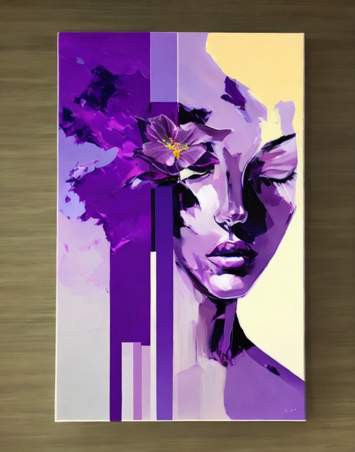 Stylized woman's face portrait in purple hues with abstract flower on brown wall