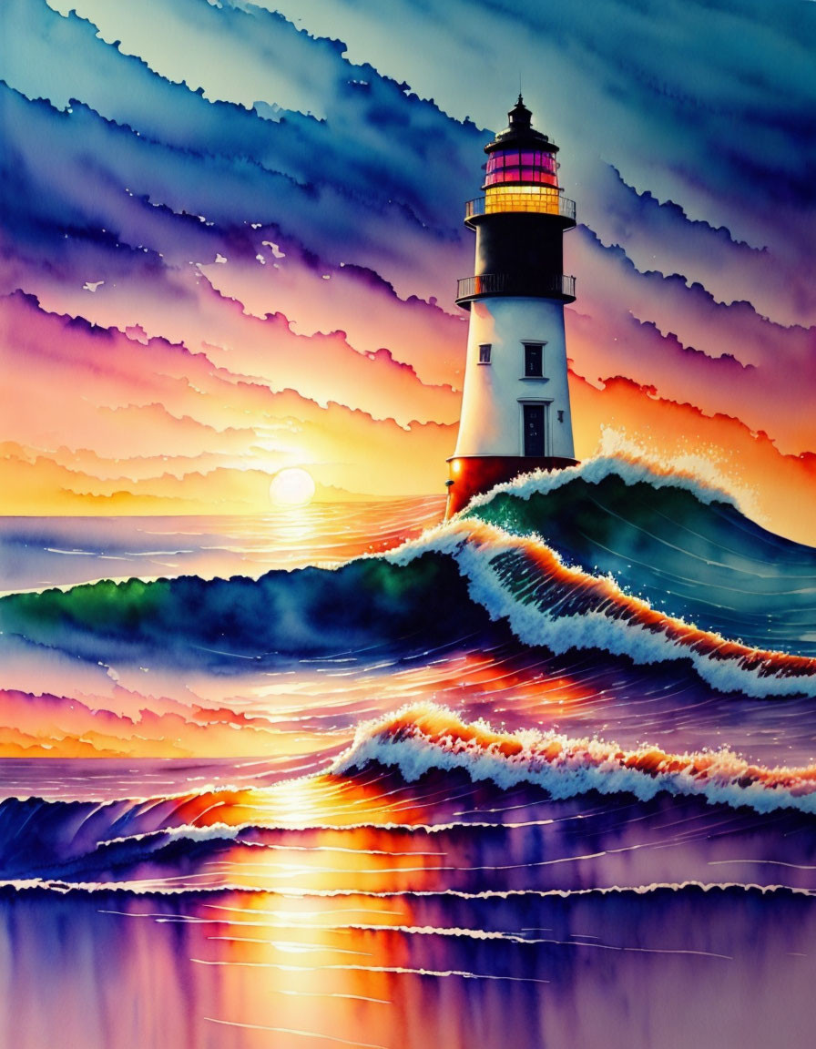 Colorful sunset painting of lighthouse with vibrant clouds and waves