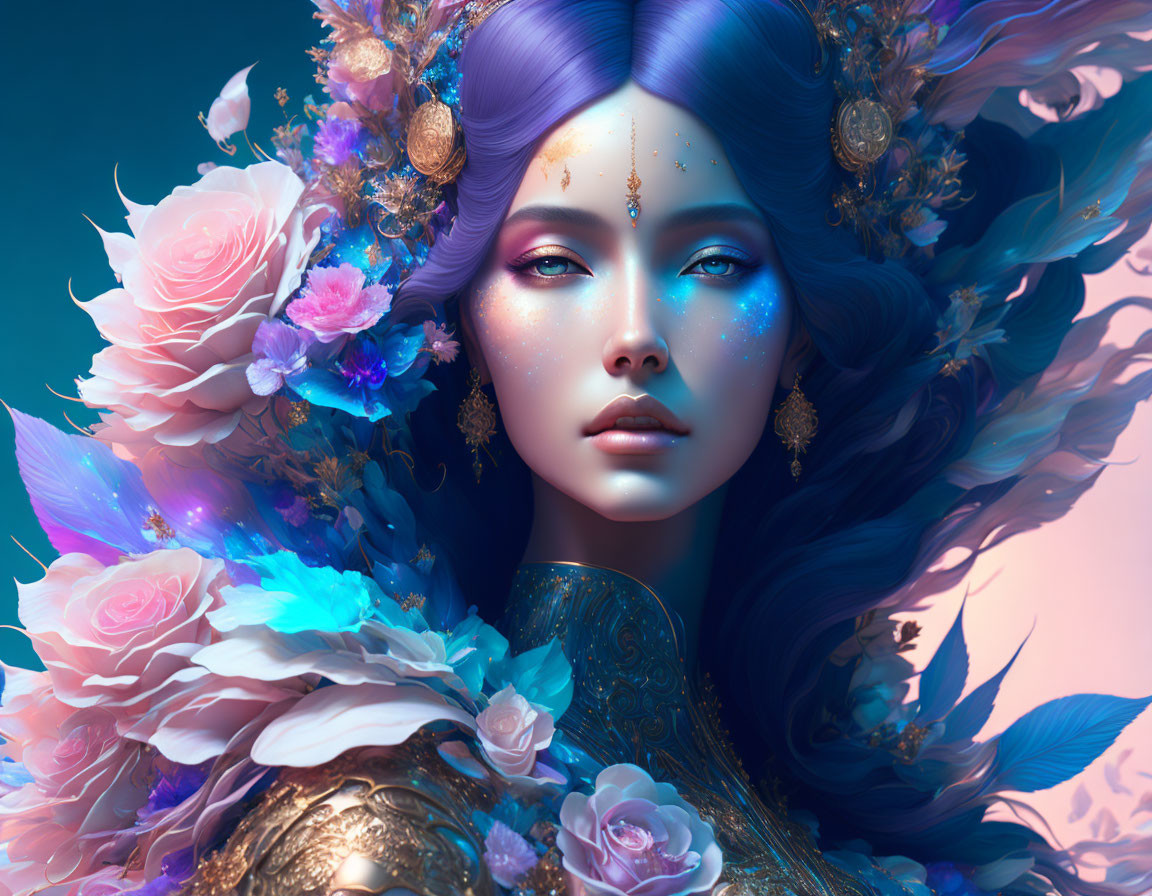 Fantastical portrait of woman with blue skin and gold accessories among pink and purple roses