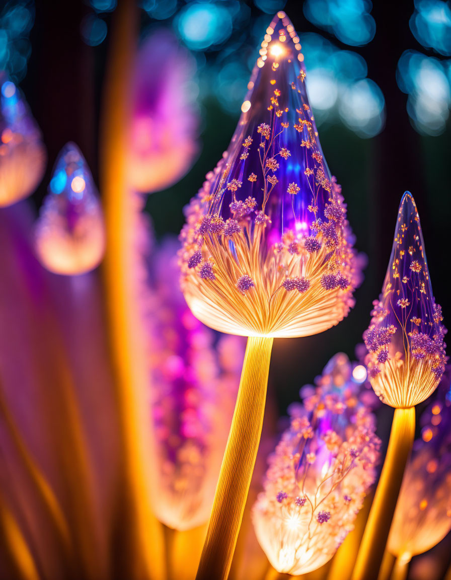 Purple Flower Glass Sculptures in Teardrop Shapes on Dark Bokeh Background