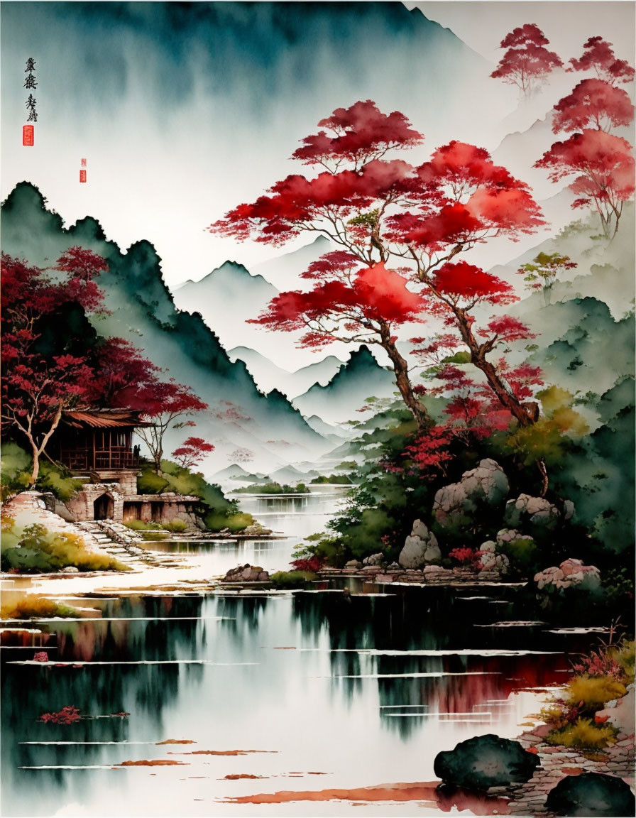 Serene Asian landscape painting with river, red trees, misty mountains, and wooden pavilion