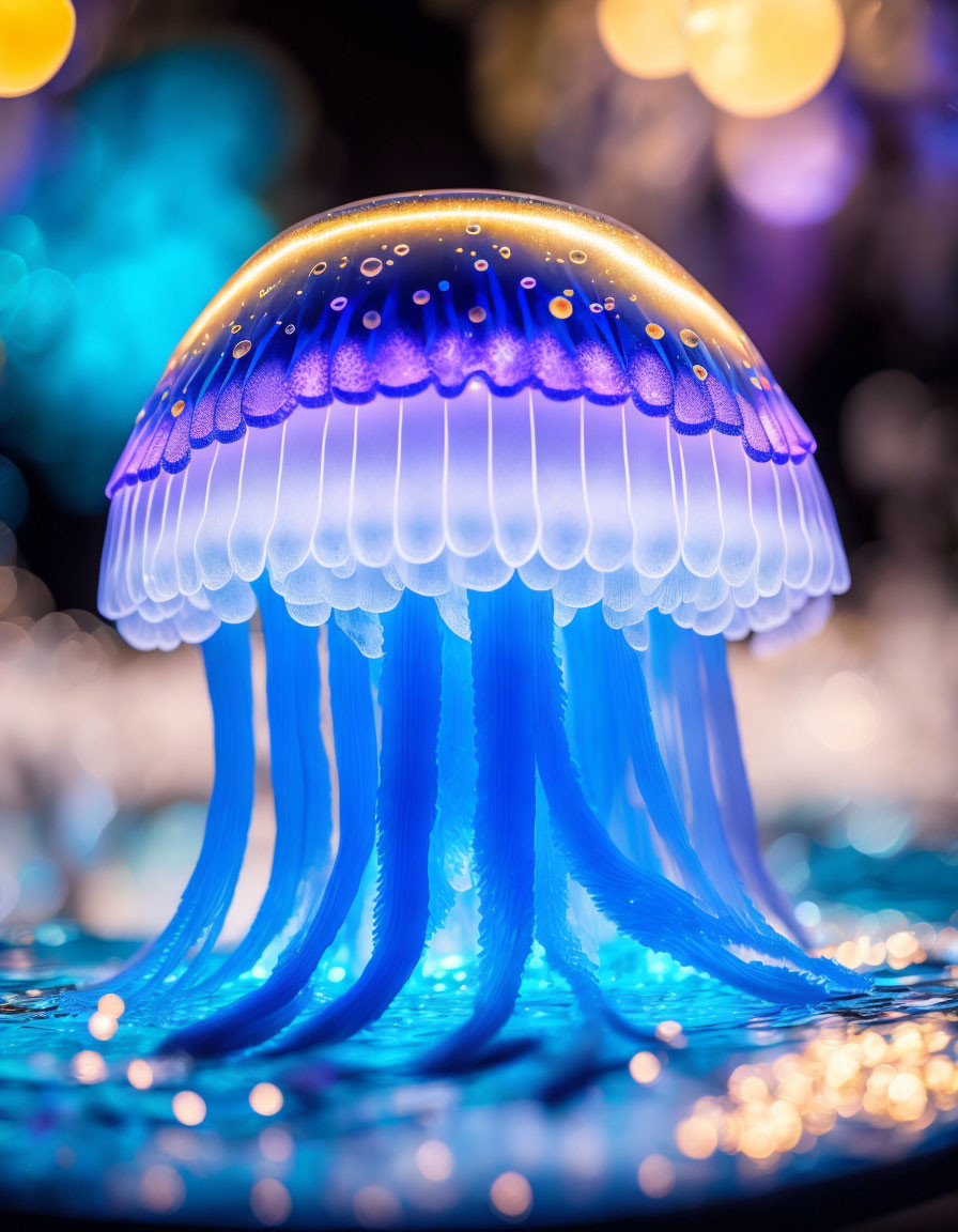 Artificial glowing jellyfish with blue and purple colors in dreamlike underwater scene