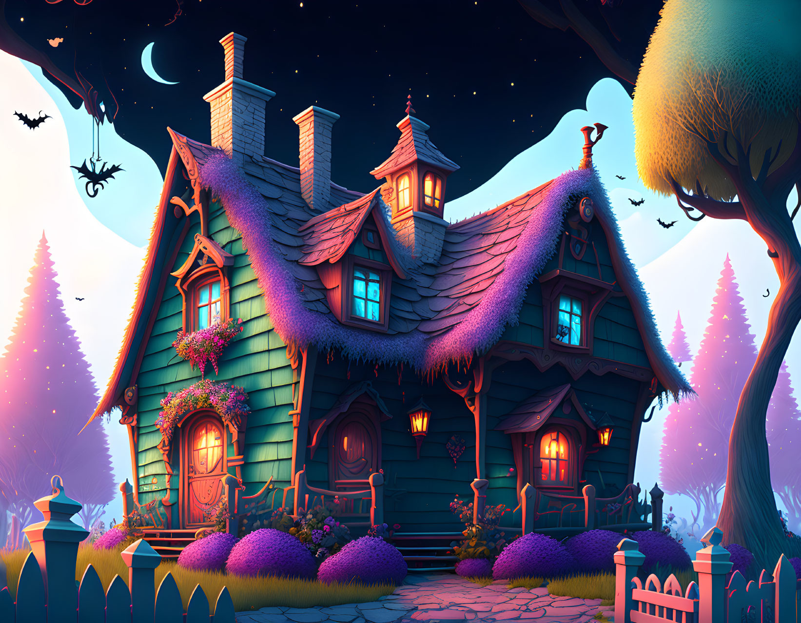 Whimsical house illustration at twilight with vibrant colors