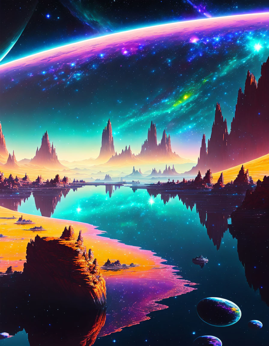 Vivid sci-fi landscape with towering rocks, water, planets, and colorful nebula