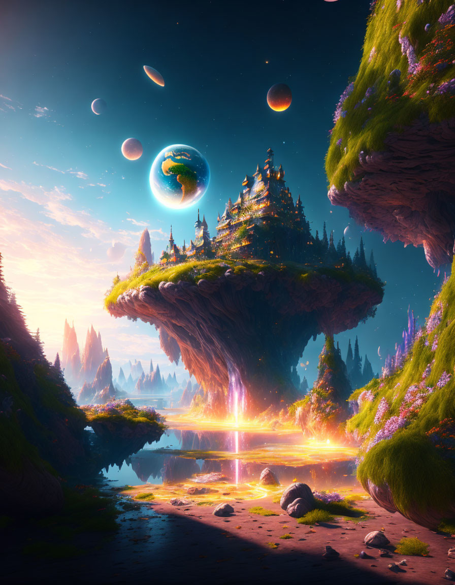 Fantastical landscape with floating landmasses and serene lake