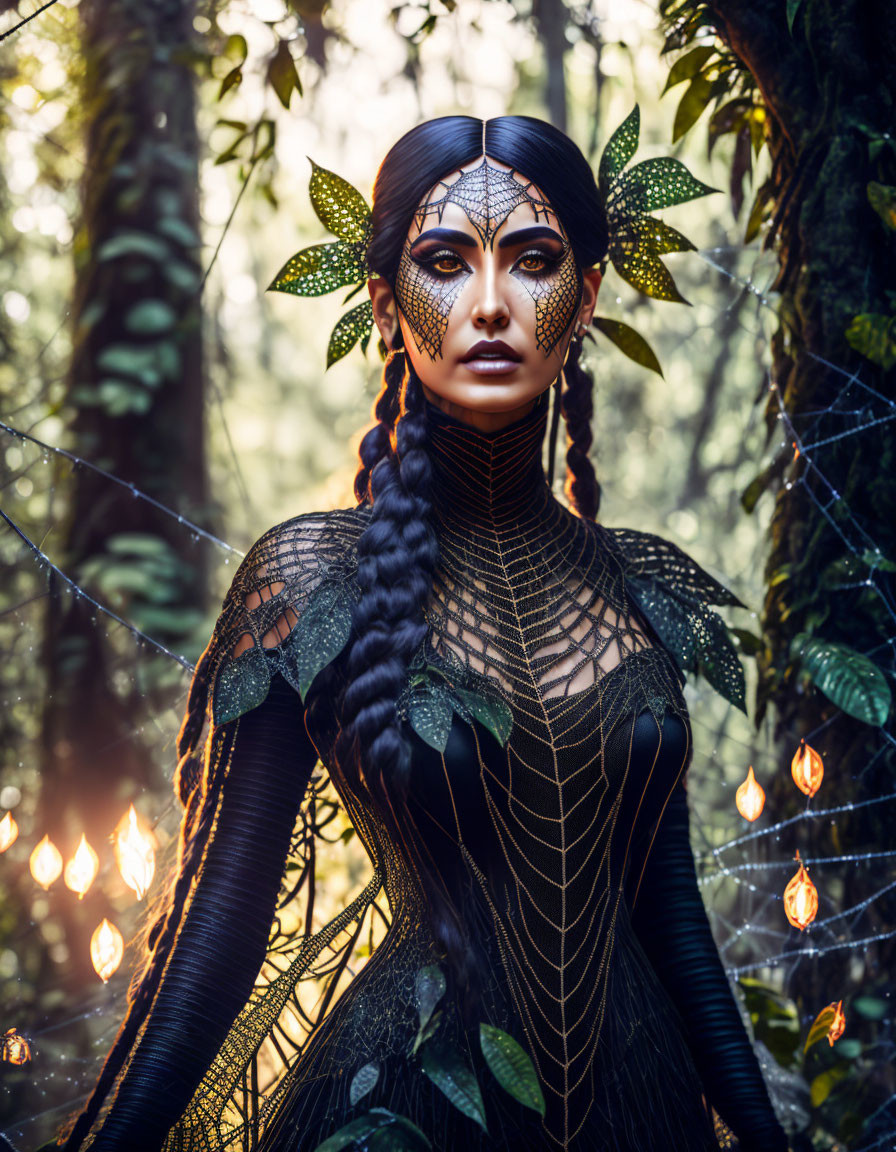 Fantasy character in forest with leaf accessories and web outfit