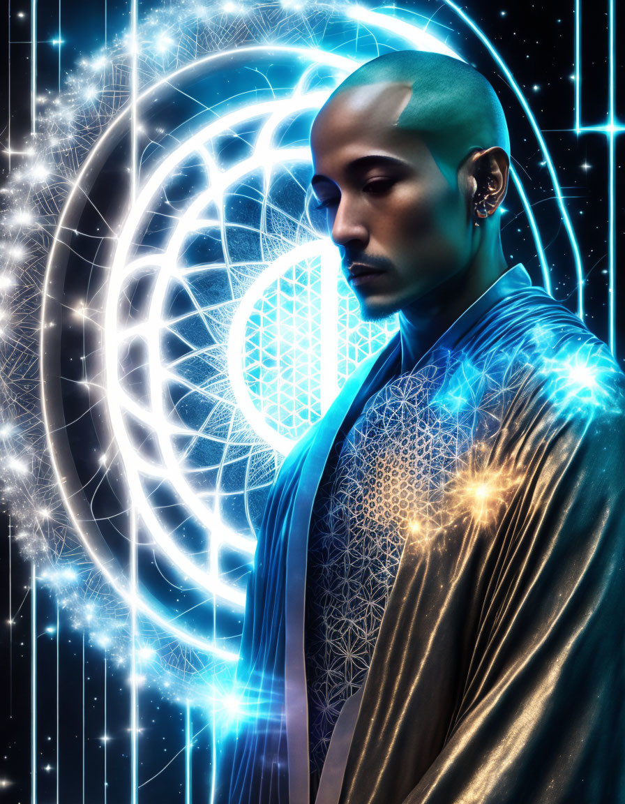 Bald Person in Ornate Robe Contemplating Cosmic Digital Pattern