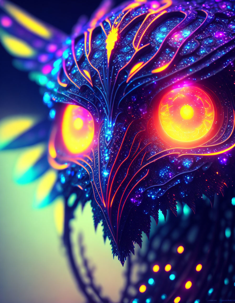 Colorful Owl Artwork with Cosmic Feathers and Luminous Eyes