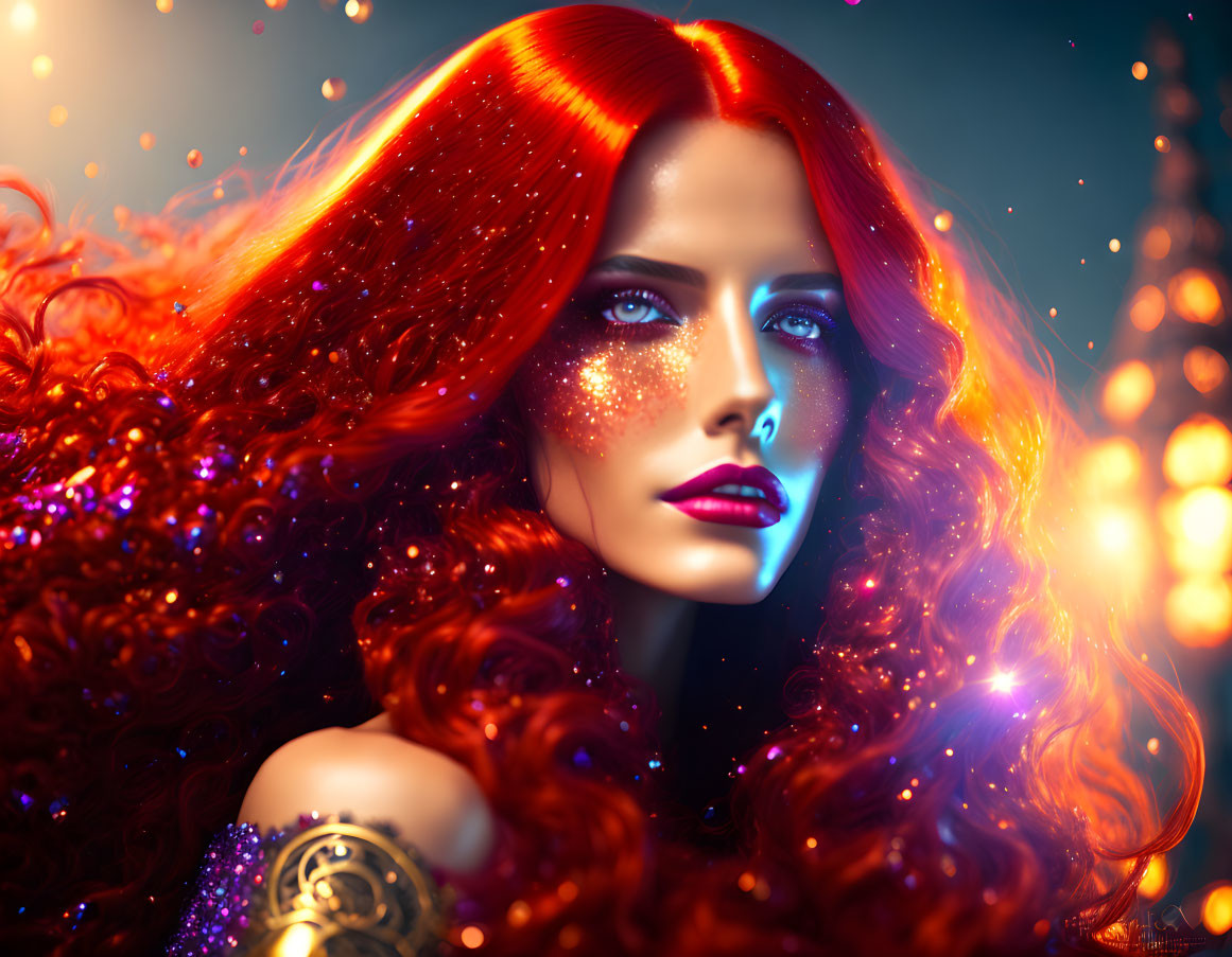 Vibrant Red Hair Woman Portrait with Glitter Makeup and Warm Lights