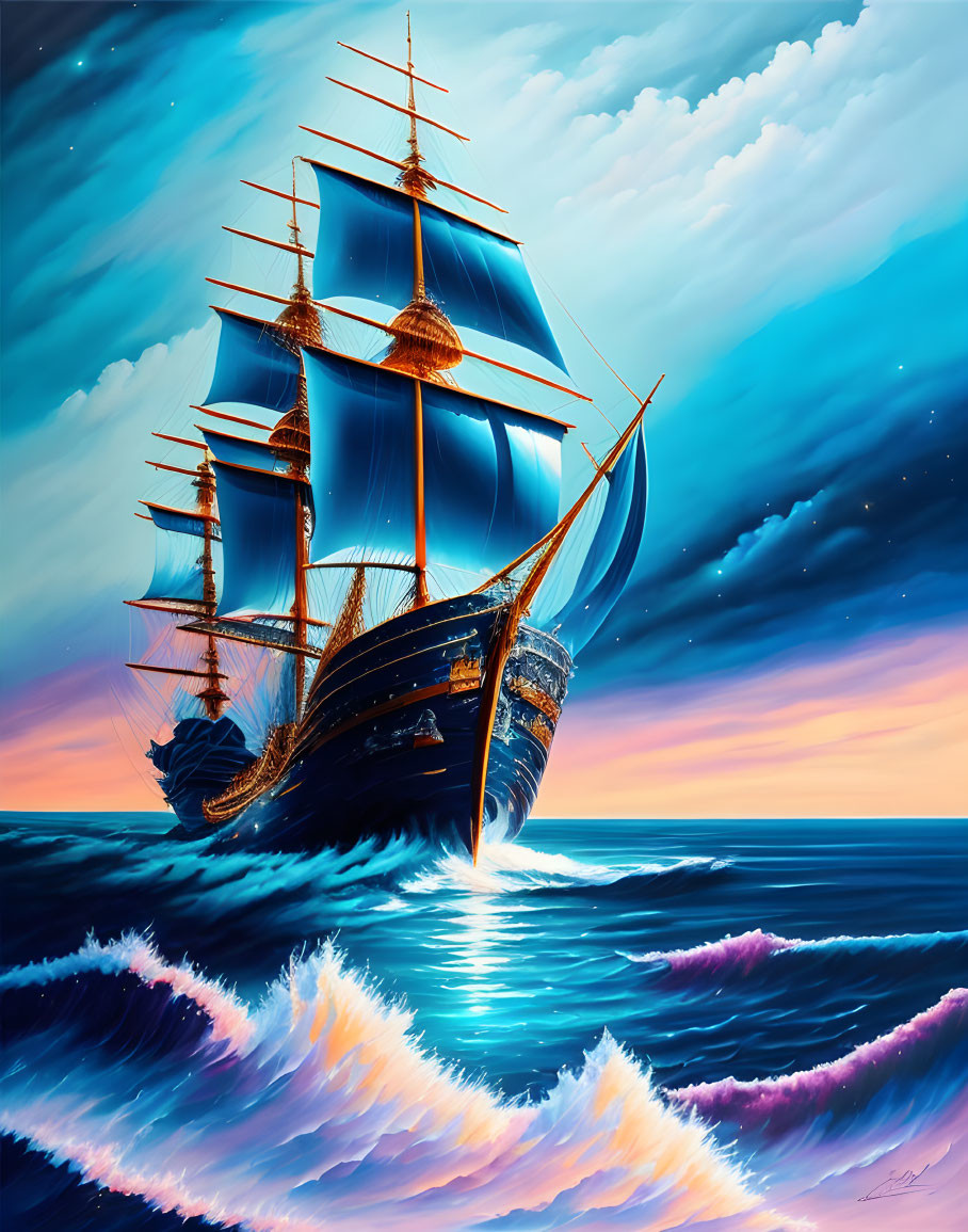 Colorful painting of tall ship on turbulent seas at sunset