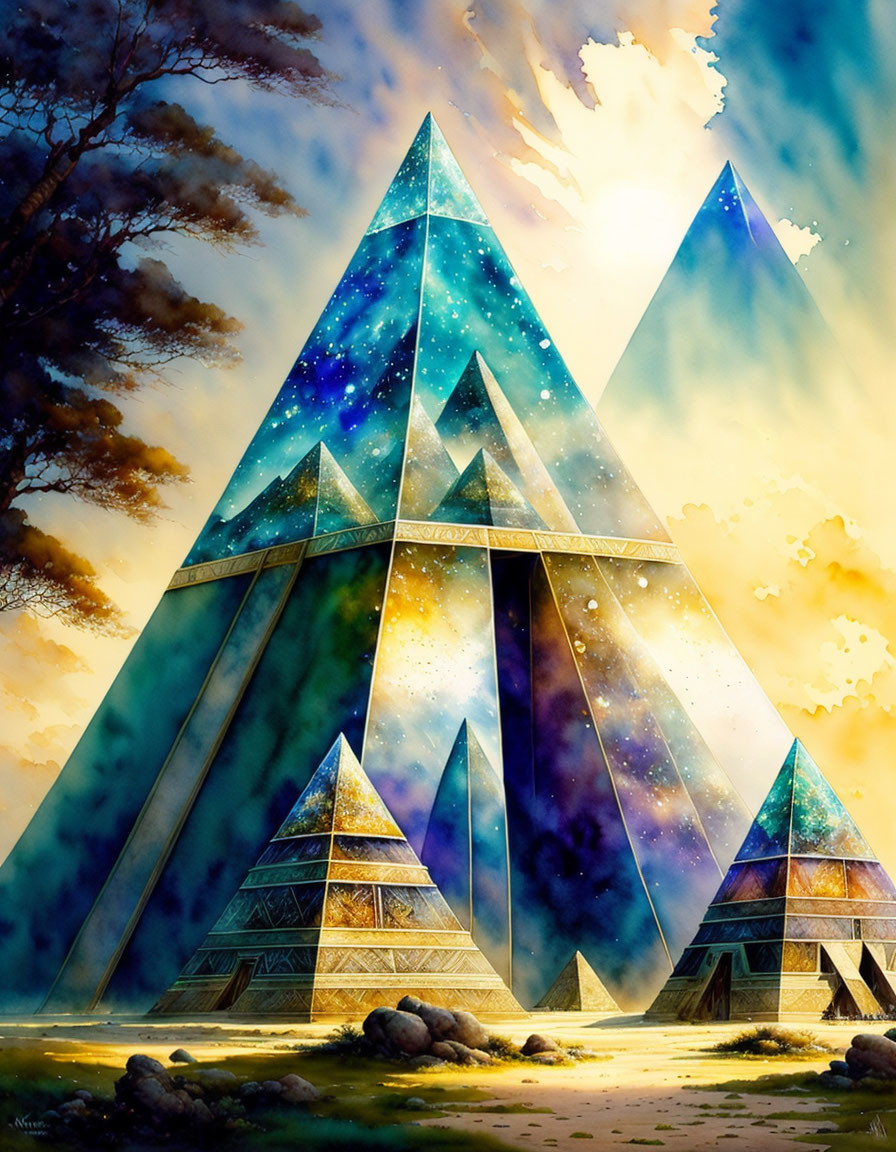 Fantasy landscape featuring crystalline pyramids under a sunlit sky