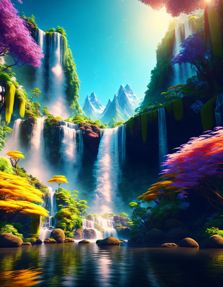 Colorful trees, waterfalls, mountains under starry sky