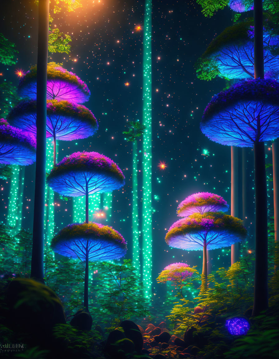 Enchanting forest with luminescent plants and starlit sky