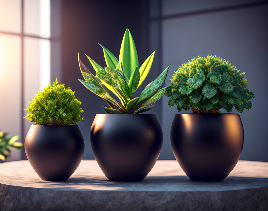 Three potted plants with green foliage in a row on a tabletop under soft window light