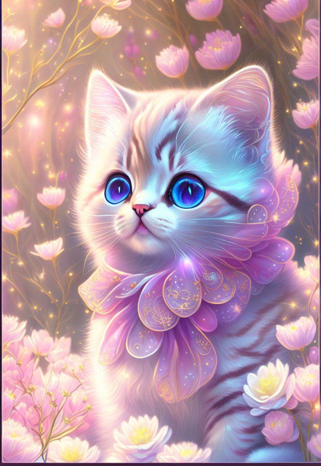 Blue-eyed kitten in purple collar among pink flowers in magical scene