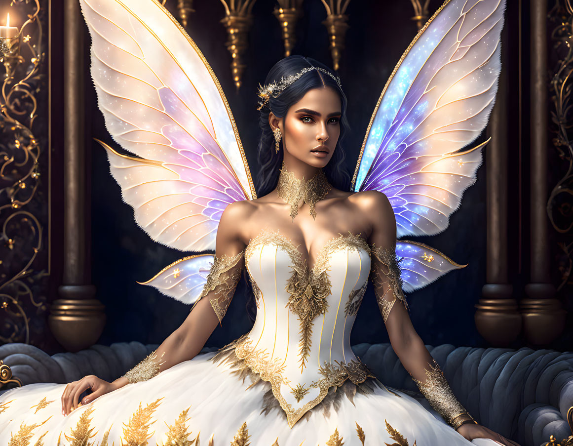 Regal woman with iridescent wings on throne in white and gold attire