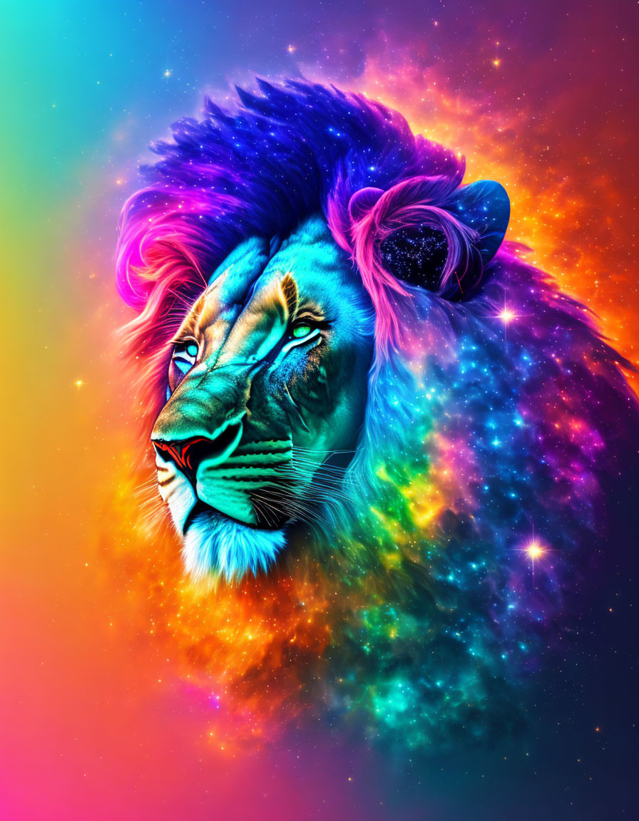 Colorful Lion Head Artwork with Neon Rainbow Mane on Cosmic Background