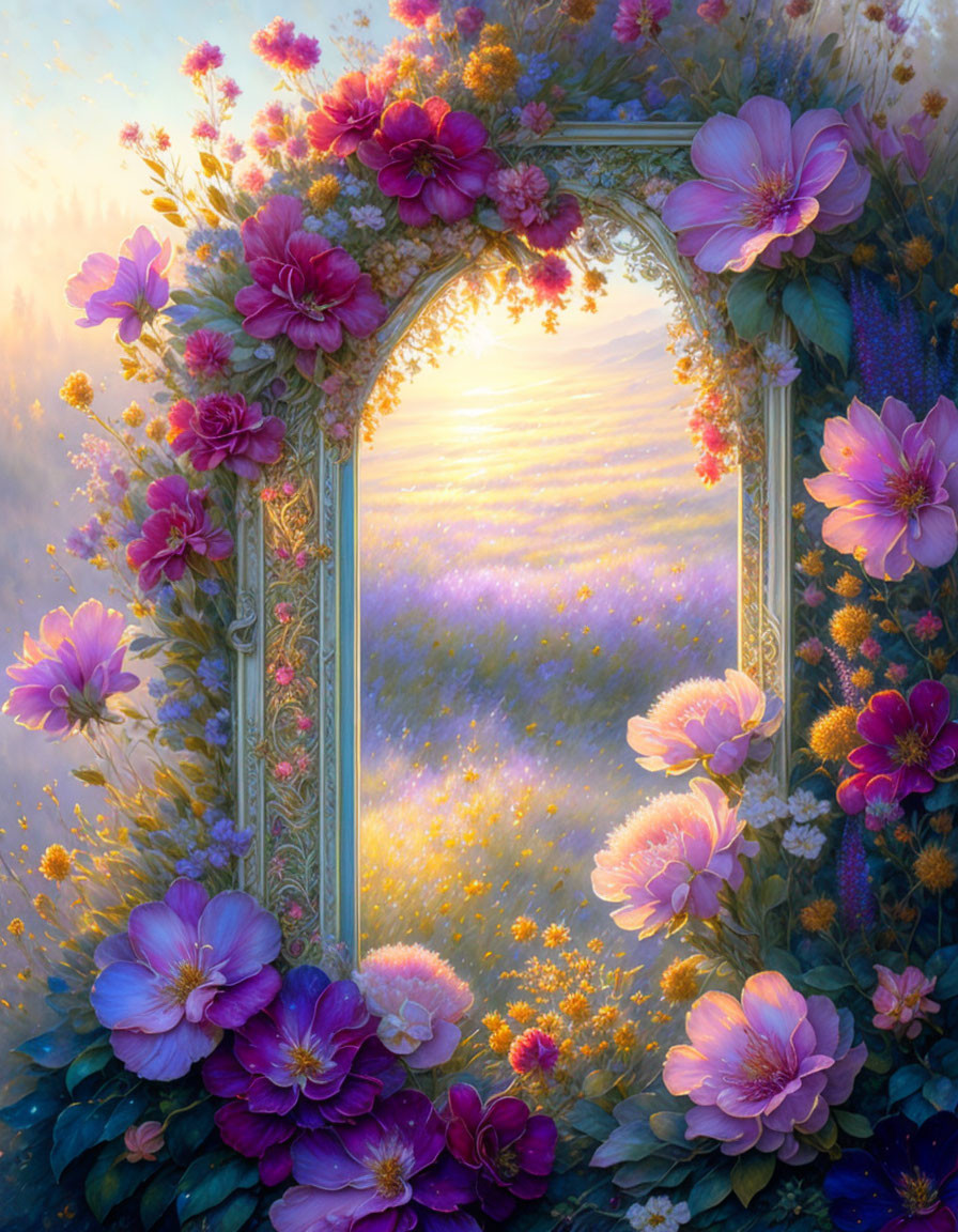 Ornate Frame Surrounds Mystical Flower Field in Soft Sunlight