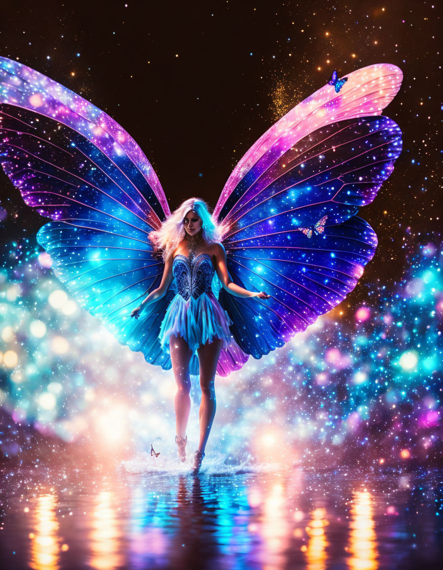 Person with Multicolored Butterfly Wings Walking on Water in Starry Setting