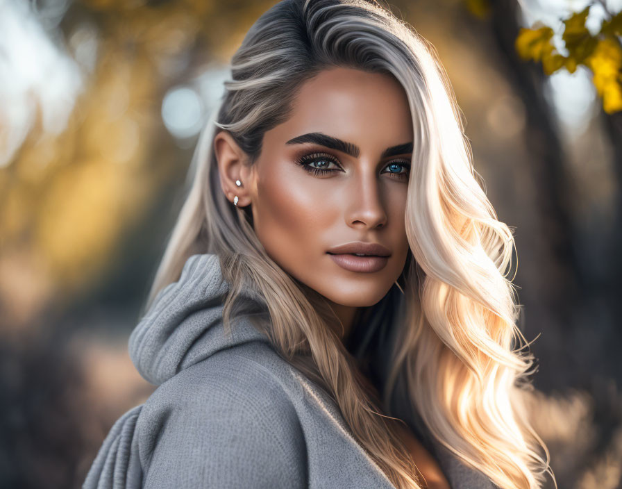 Portrait of woman with blue eyes, blonde hair, gray hoodie, and autumnal backdrop