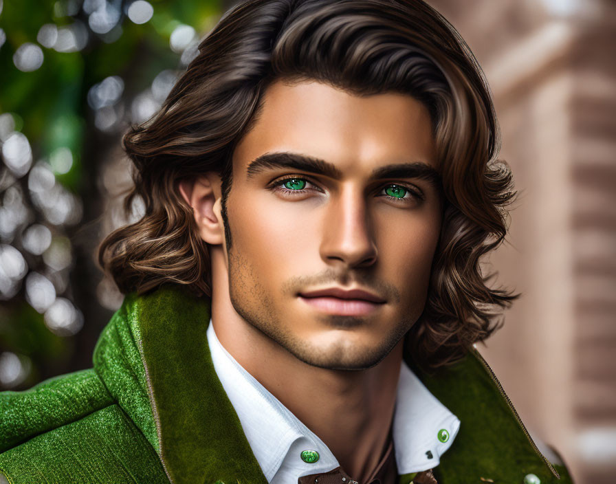 Man with Wavy Brown Hair and Green Jacket in Digital Artwork