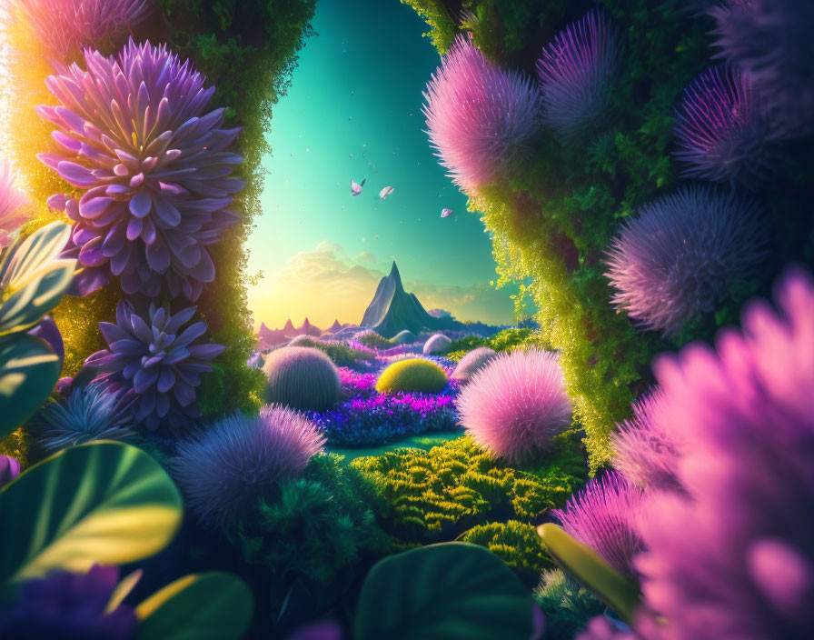 Colorful Oversized Flora in Vibrant Fantasy Landscape