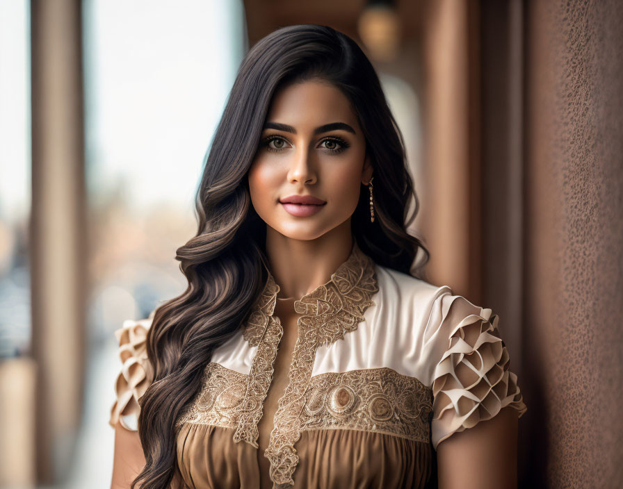 Long-haired woman in ruffled beige blouse with lace details indoors