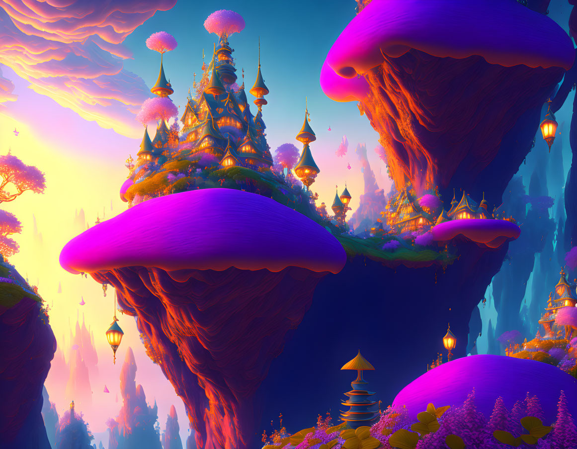 Fantasy landscape with floating mushroom islands and ornate buildings