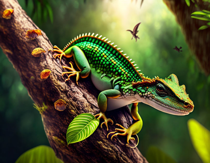 Colorful Green Lizard Resting on Jungle Tree Branch