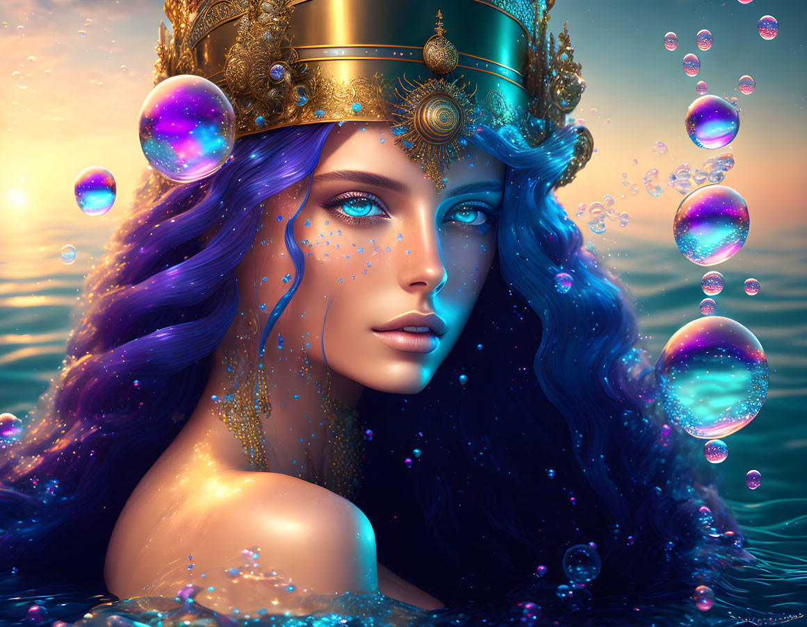 Digital artwork: Woman with purple hair, crown, blue eyes, iridescent bubbles, sunset ocean