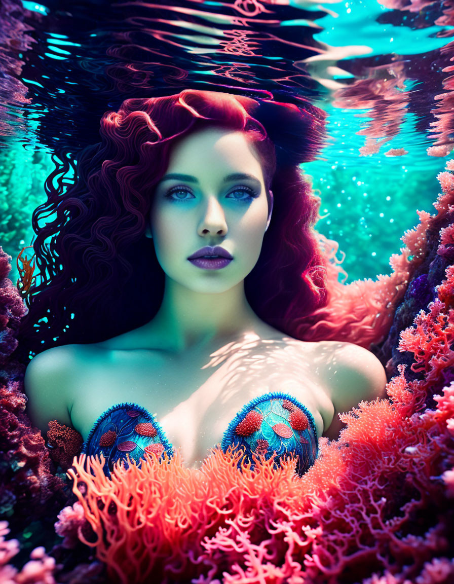 Red-haired woman with blue eyes submerged in coral-filled water.