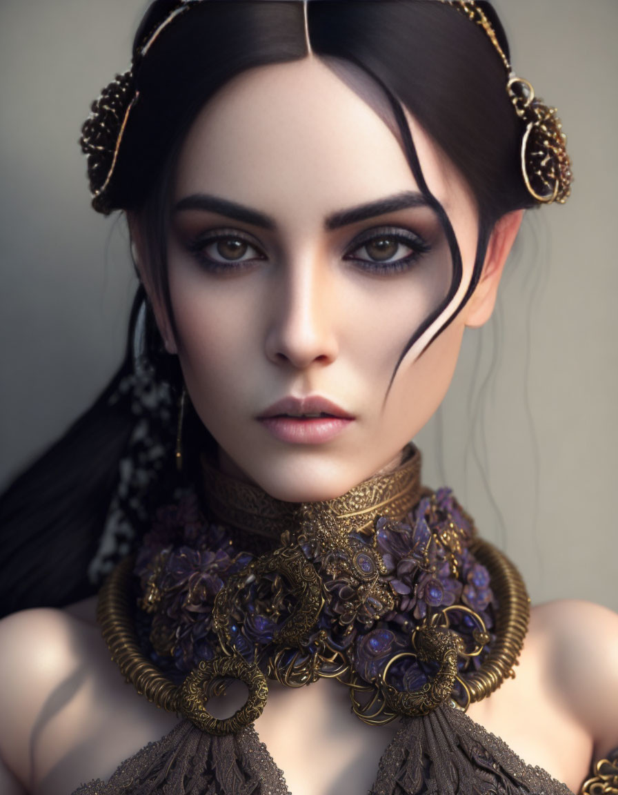 Portrait of woman with dark makeup, gold and purple jewelry, detailed collar