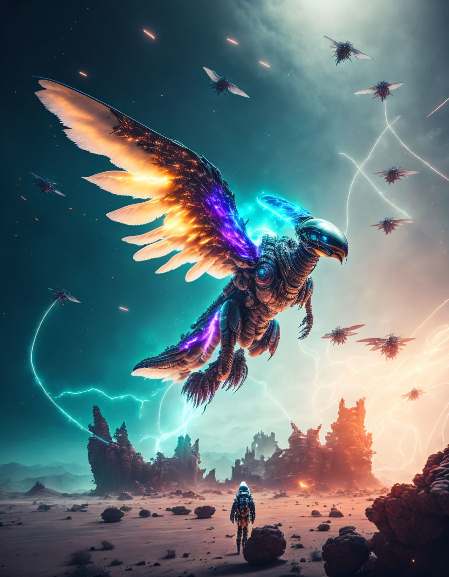 Mechanical eagle with luminous wings in desert landscape