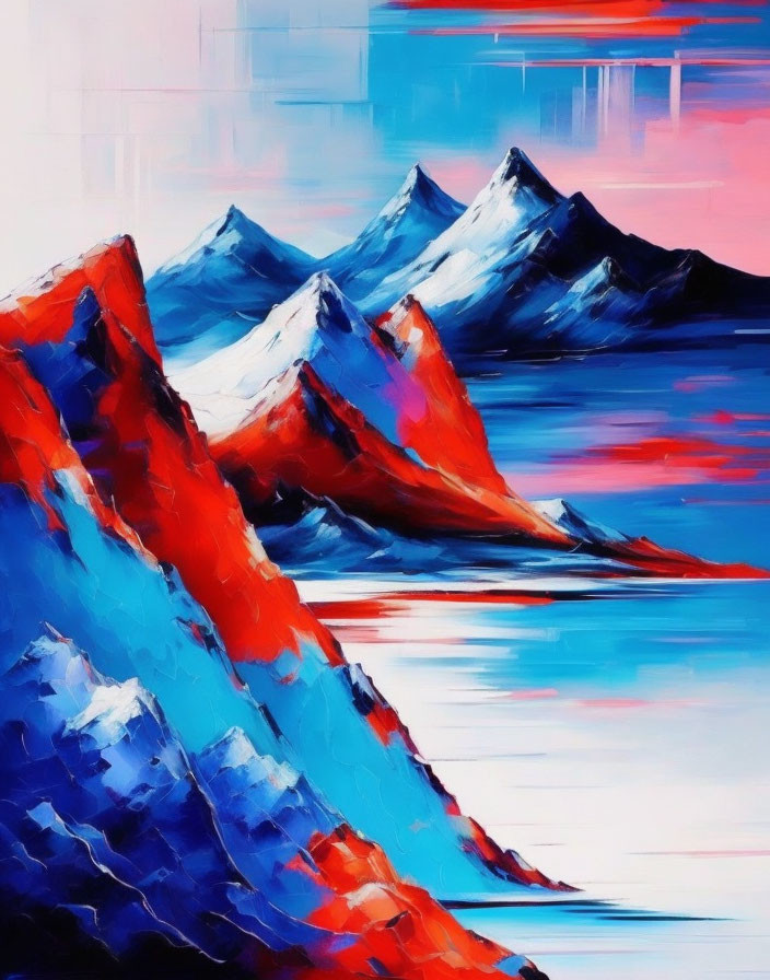 Colorful Abstract Painting: Red and Blue Mountain Peaks, Calm Water, Striking Sky