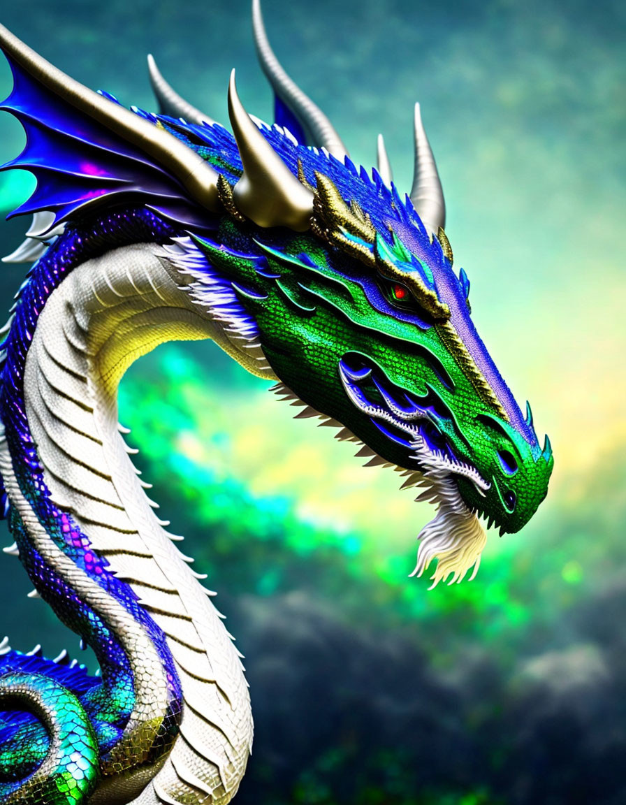 Colorful Dragon Digital Art with Blue, Green, and White Scales