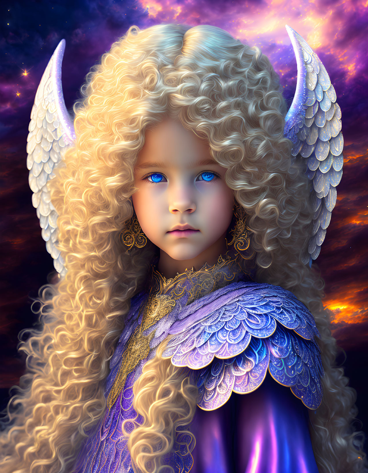 Childlike Figure with Angelic Wings and Golden Curls in Cosmic Setting