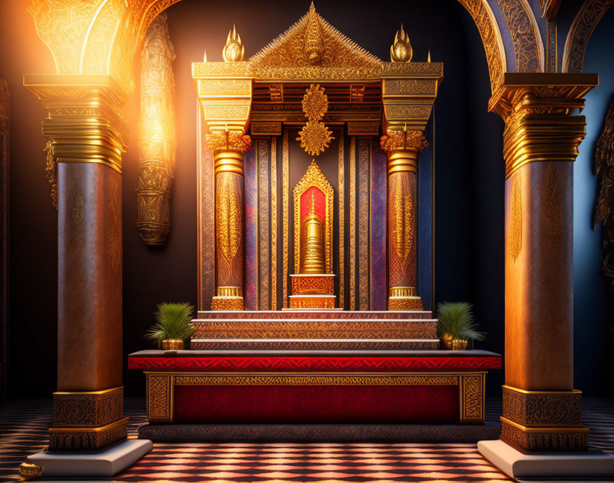 Golden throne surrounded by columns under vaulted ceiling with lit candles