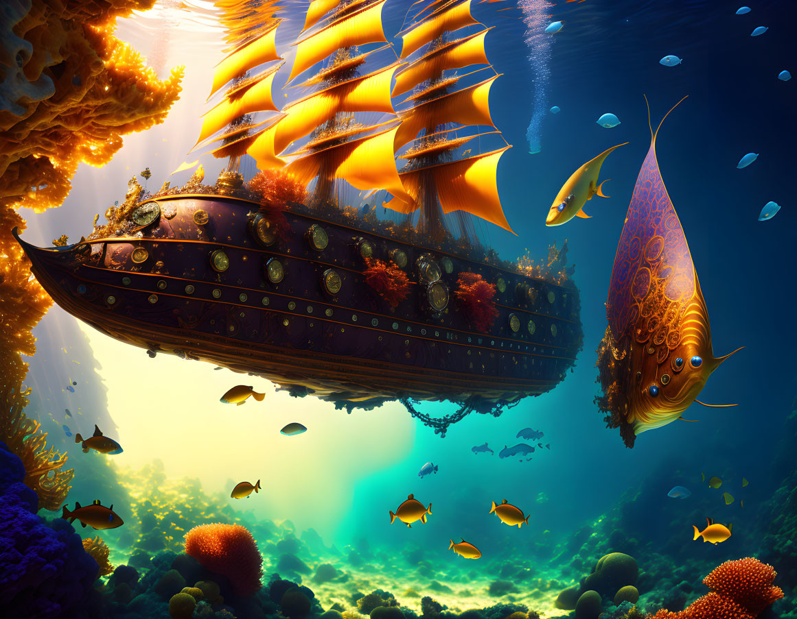 Ornate ship underwater with coral reefs and fish