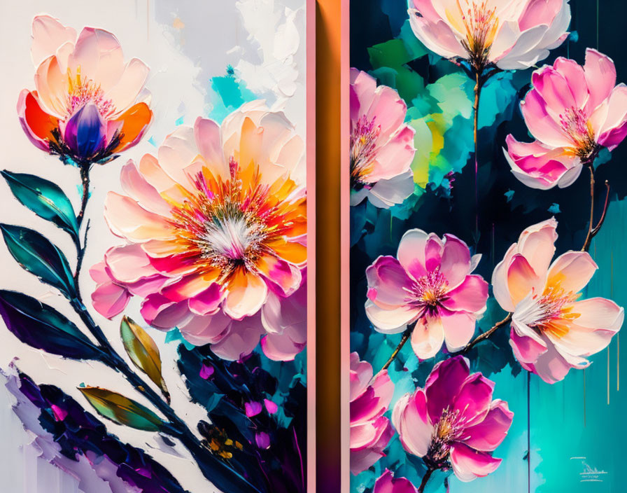 Colorful Floral Paintings: Pink and Orange Blooms with Abstract Blue-Green Backgrounds