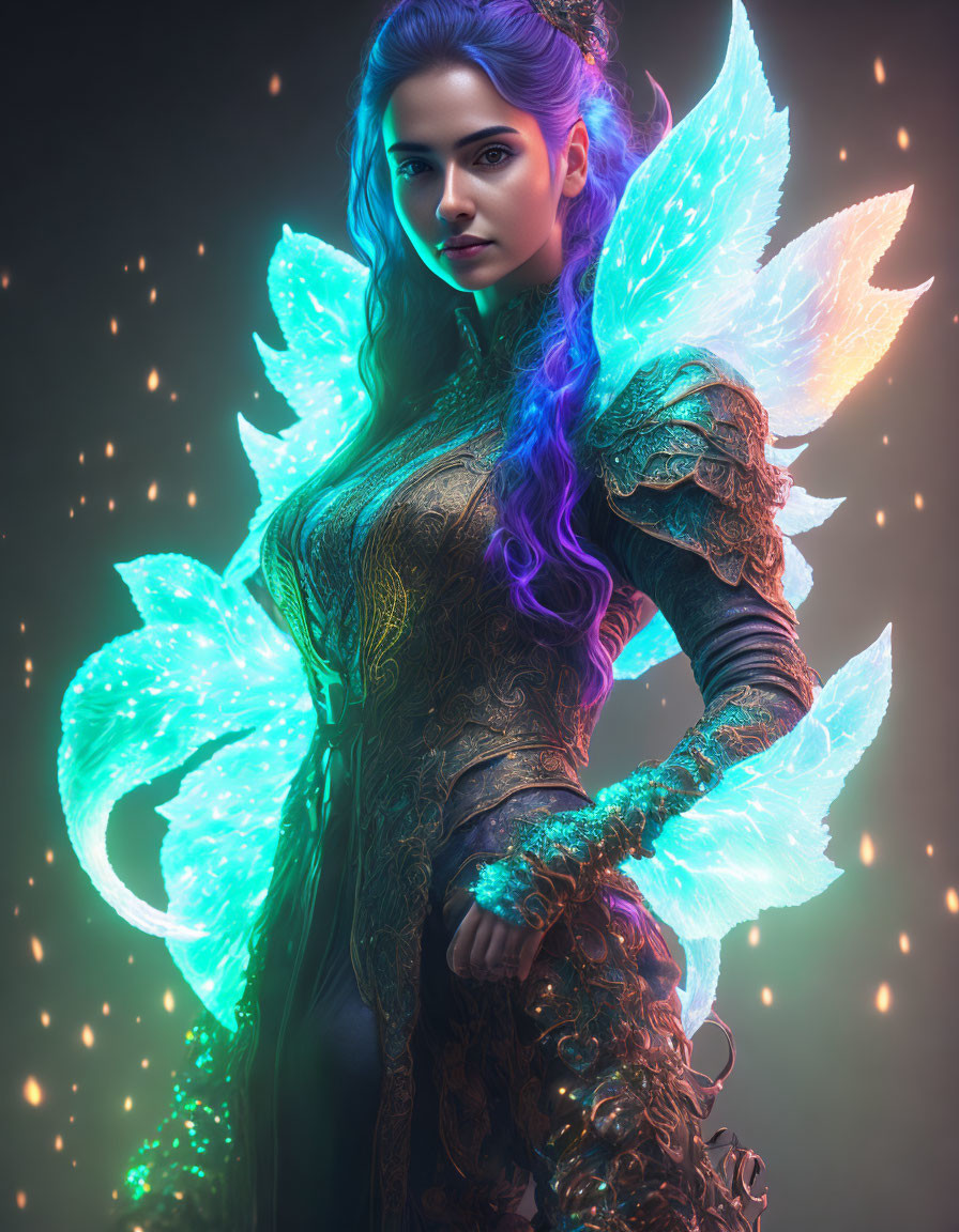 Vibrant purple-haired woman with fairy wings in ornate armor on mystical background