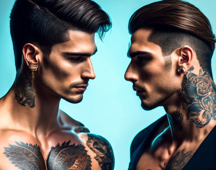 Stylish men with tattoos in front of blue background