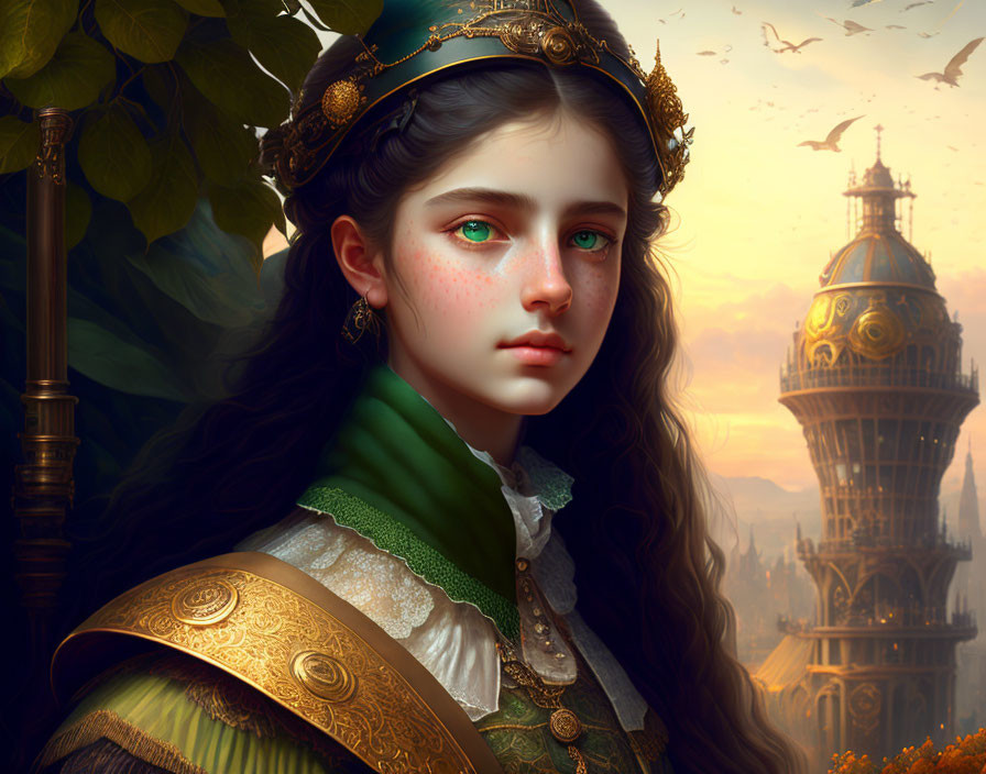 Young woman in regal attire with green eyes and golden crown against fantasy tower backdrop