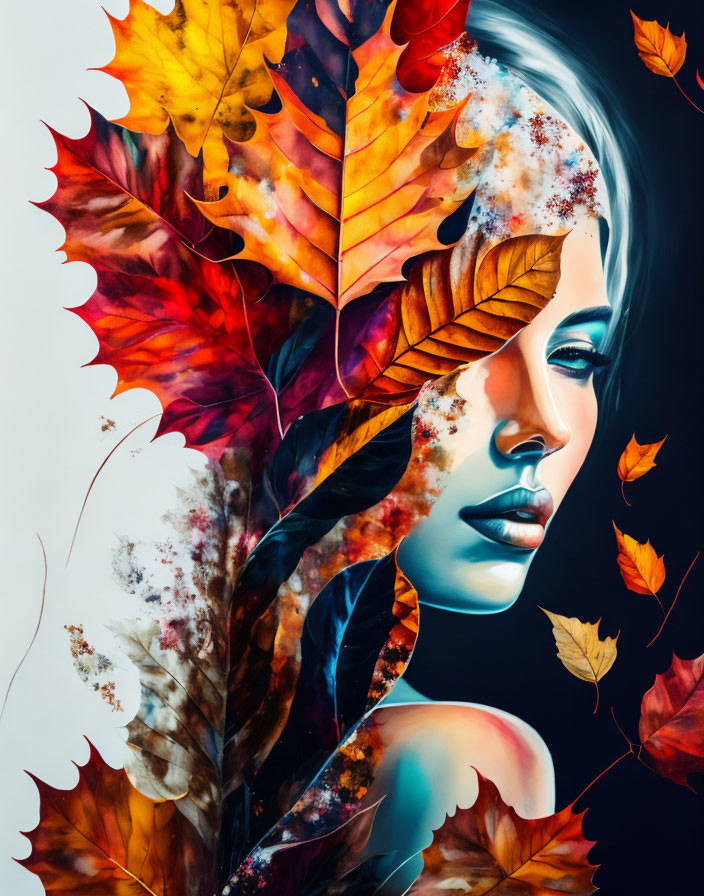 Colorful Autumn Leaves Surrounding Woman in Artistic Portrayal