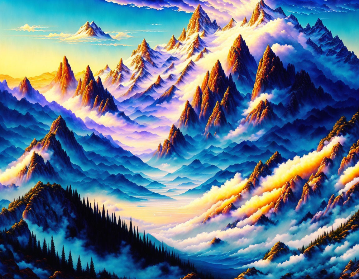 Vibrant blue and orange mountain range in misty landscape