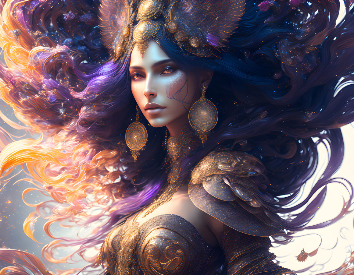 Ethereal woman with blue and purple hair and gold armor