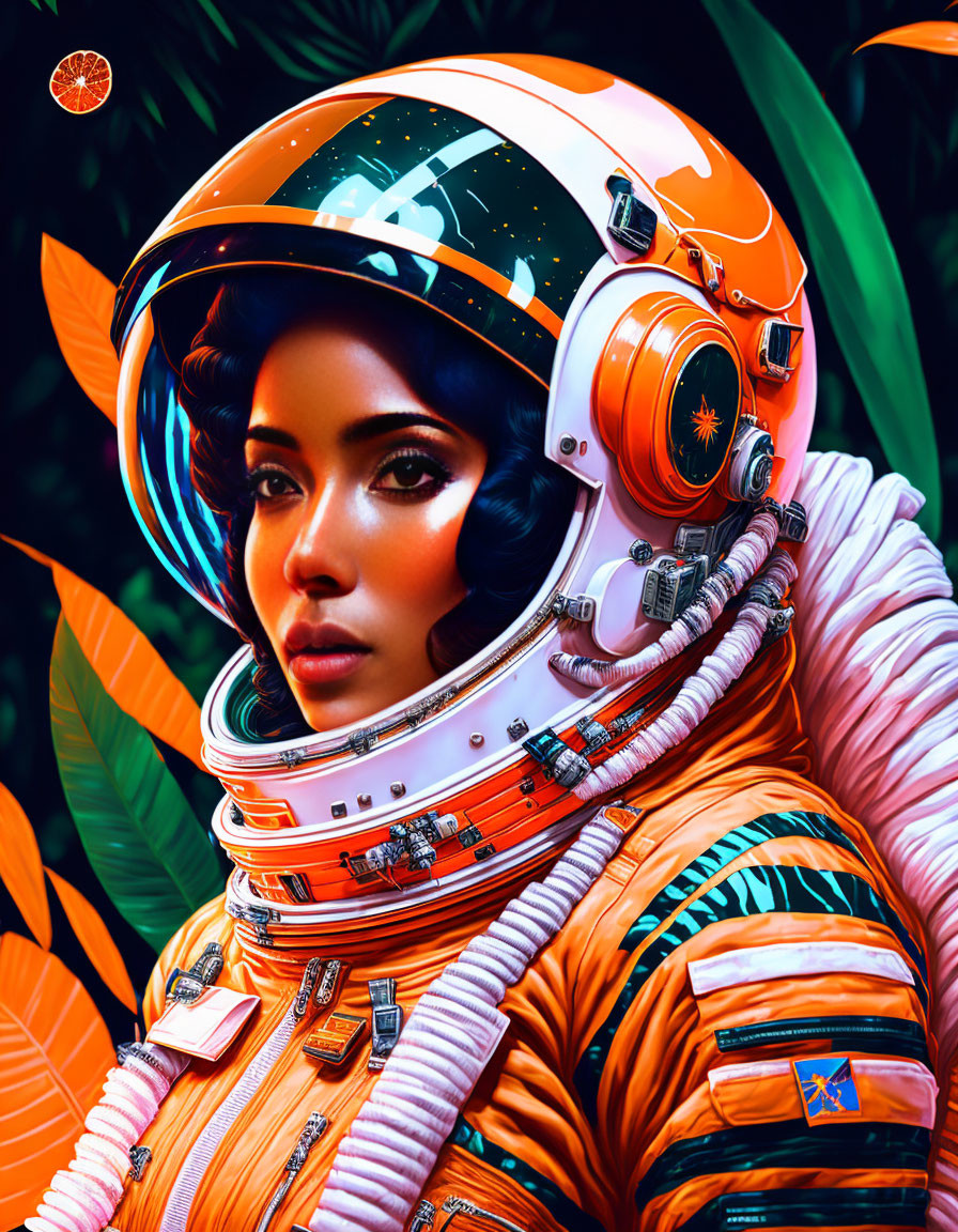 Detailed portrait of woman in orange space suit with reflective helmet against tropical leaves