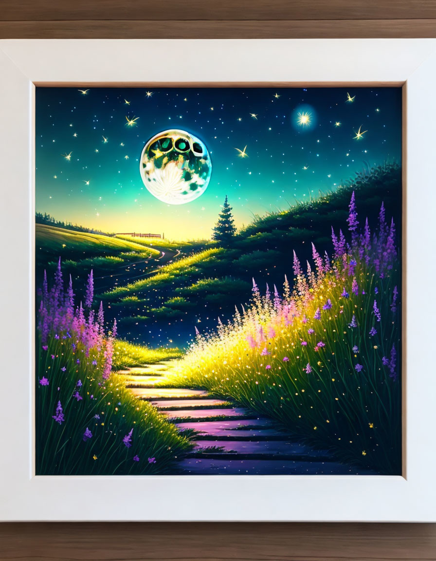 Nighttime landscape painting with full moon, stars, winding path, and purple flowers displayed.