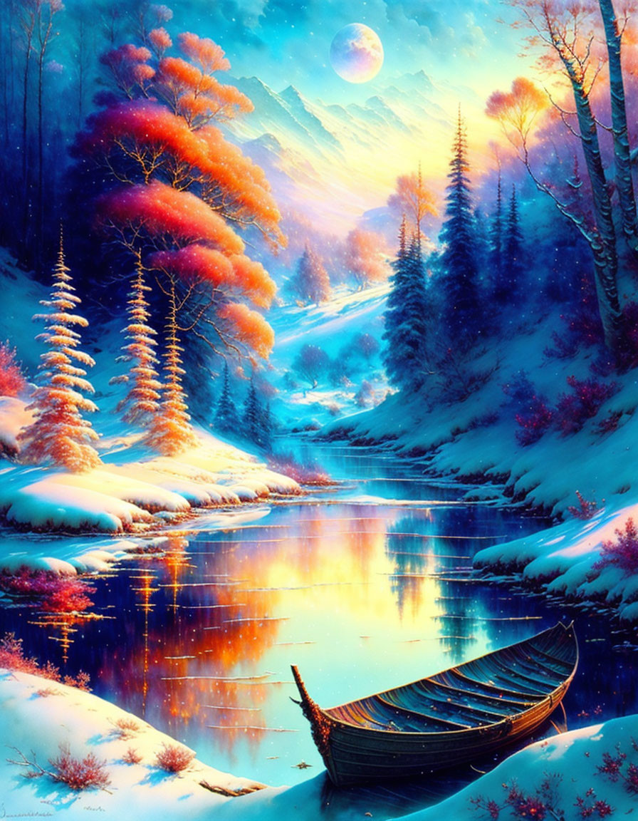 Snow-covered boat in vibrant winter landscape with frozen river and full moon