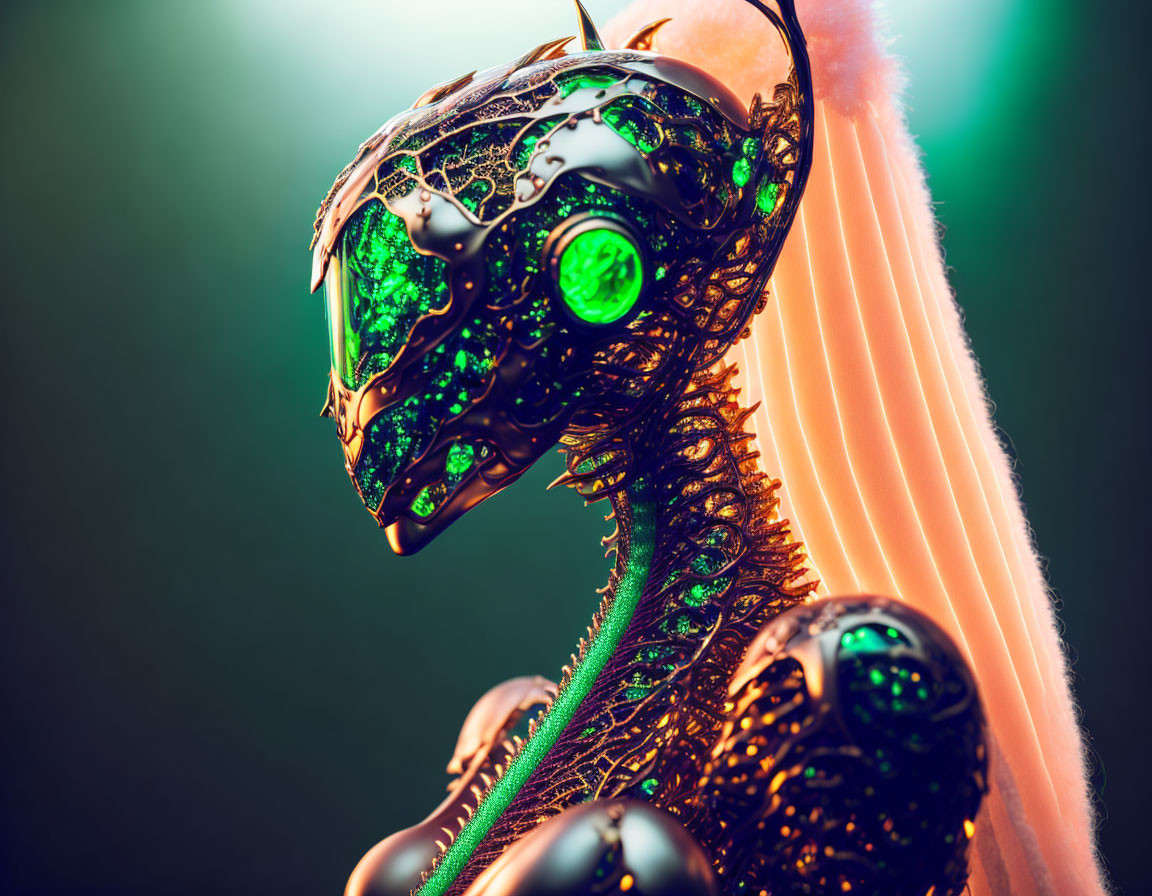 Detailed Cybernetic Dragon with Glowing Green Eyes on Neon Background